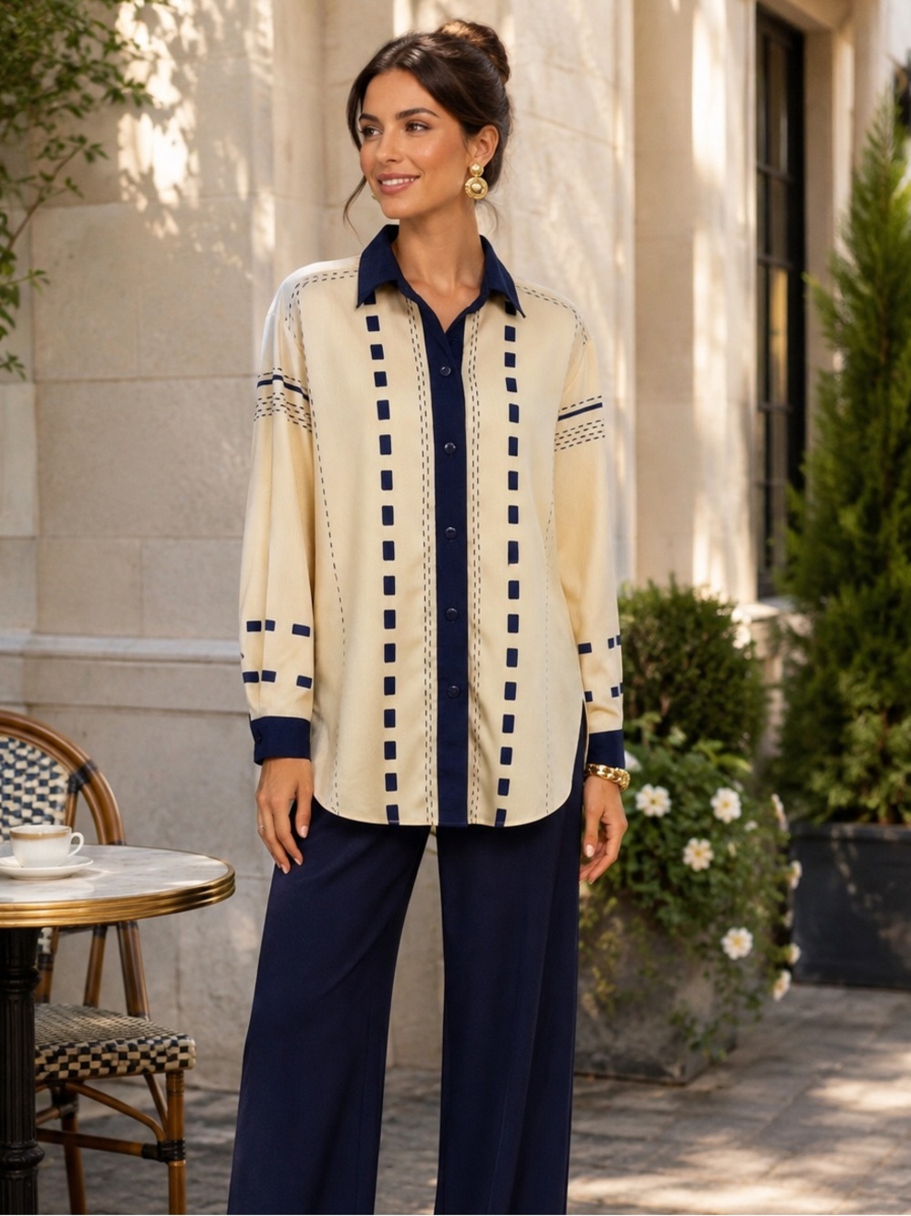 Draper’s & Damon’s Yellow Navy Geometric Button Down Blouse L